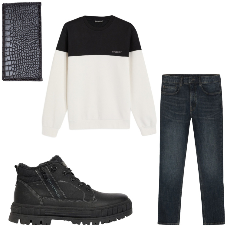 Outfit uomo - Total look #2473372. Stile Casual per Tutti i giorni. Abbinamento con portafogli, jeans, felpe, stivali e stivaletti.