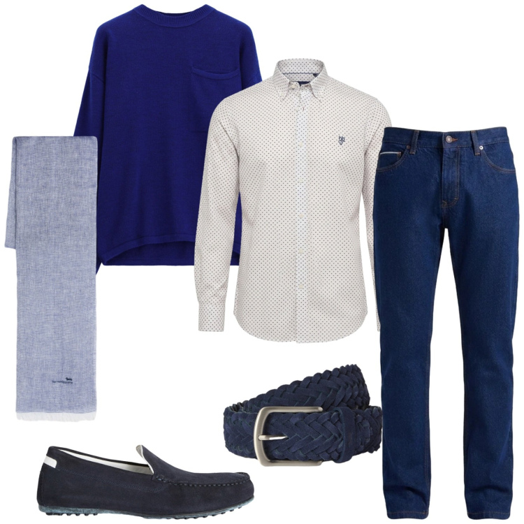 Outfit uomo - Total look #2473383. Stile Trendy per Ufficio. Abbinamento con camicie, cinture, scarpe stringate, sciarpe, jeans, maglieria.