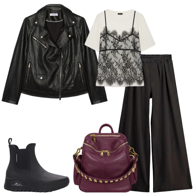 Outfit donna - Total look #2473393. Stile Urban per Tutti i giorni. Abbinamento con stivali di gomma, pantaloni a palazzo, t-shirt, giacche, zaini.
