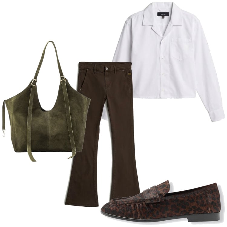 Outfit femme - Tendance léopard. Style Tendance pour Bureau. Assortir avec pantalon , mocassins, chemisiers, sacs tote.