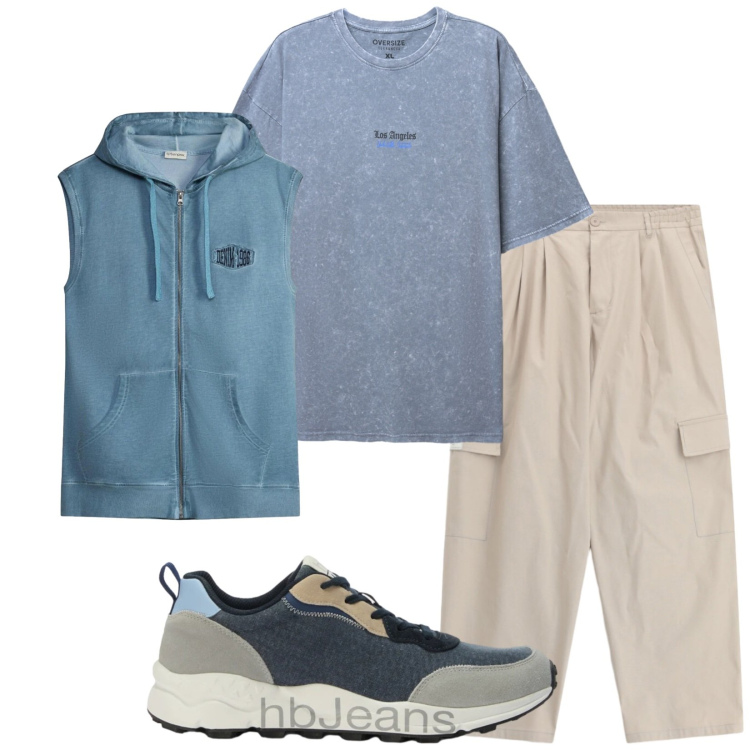 Outfit uomo - Total look #2473397. Stile Casual per Sport. Abbinamento con sneakers, pantaloni cargo, t-shirt, gilet.