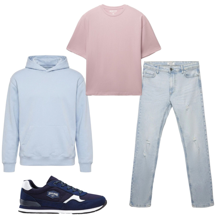 Outfit uomo - Total look #2473398. Stile Casual per Tutti i giorni. Abbinamento con sneakers, felpe con cappuccio, jeans strappati, t-shirt.