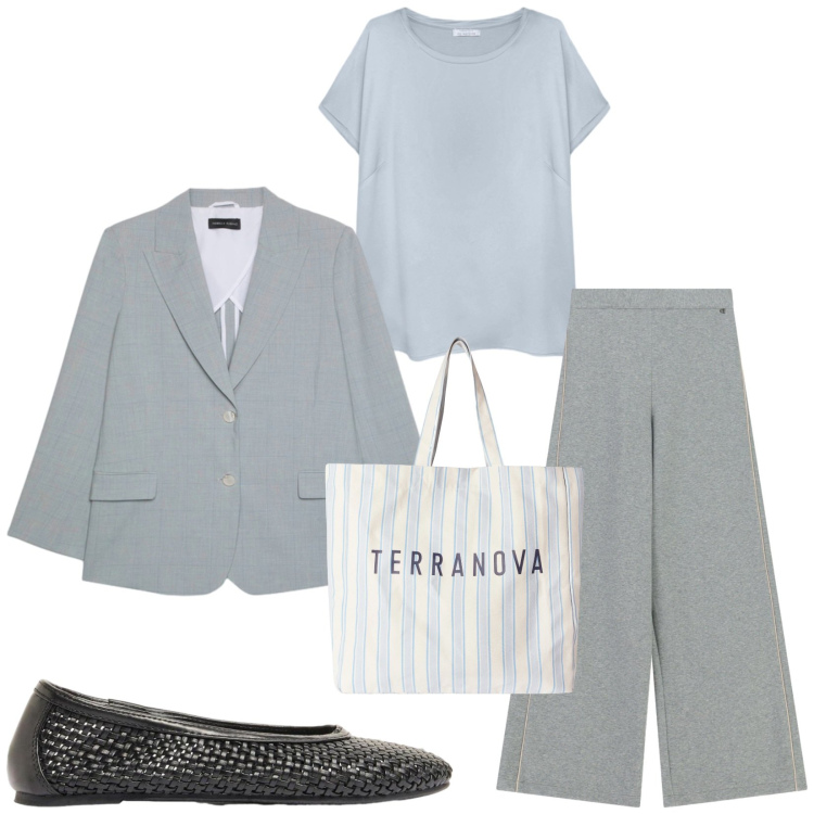 Outfit donna - Total look #2473399. Stile Casual chic per Scuola/Università. Abbinamento con ballerine, shopping bag, pantaloni a palazzo, blazer, t-shirt.