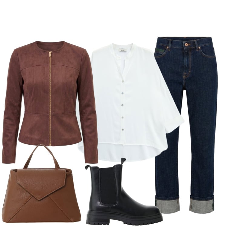 Outfit donna - Urban chic. Stile Urban per Tutti i giorni. Abbinamento con jeans dritti, borse a mano, stivaletti chelsea, camicie, blazer.