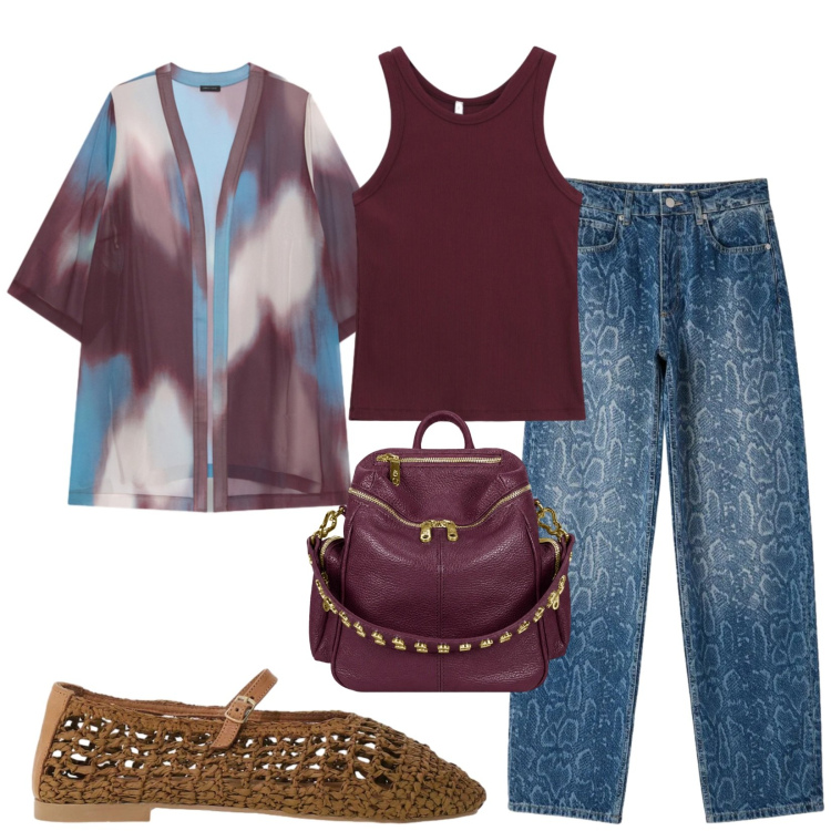 Outfit donna - Total look #2473401. Stile Casual chic per Tutti i giorni. Abbinamento con jeans dritti, canottiere, ballerine, kimono, zaini.