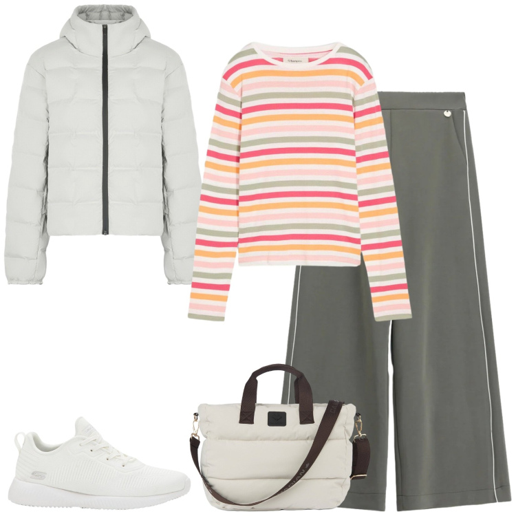 Outfit donna - Total look #2473403. Stile Sporty chic per Tutti i giorni. Abbinamento con sneakers, t-shirt, pantaloni a palazzo, piumini, borse tote.