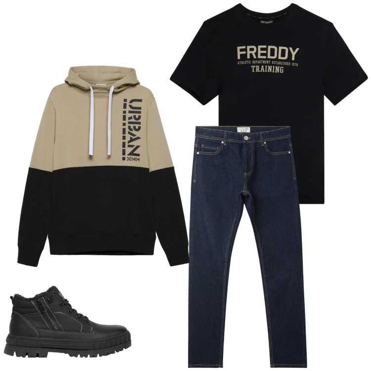 Outfit uomo - Total look #2473405. Stile Urban per Tutti i giorni. Abbinamento con t-shirt, jeans skinny, stivali e stivaletti, felpe con cappuccio.