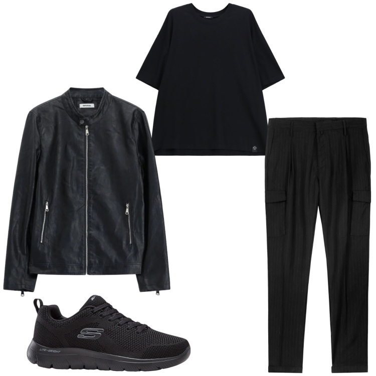 Outfit uomo - Total look #2473406. Stile Trendy per Serata speciale. Abbinamento con sneakers, giacche, t-shirt, pantaloni cargo.