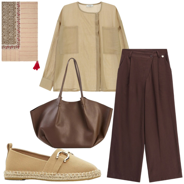Outfit donna - Total look #2473411. Stile Sporty chic per Ufficio. Abbinamento con shopping bag, espadrillas, pantaloni a palazzo, camicie, sciarpe.