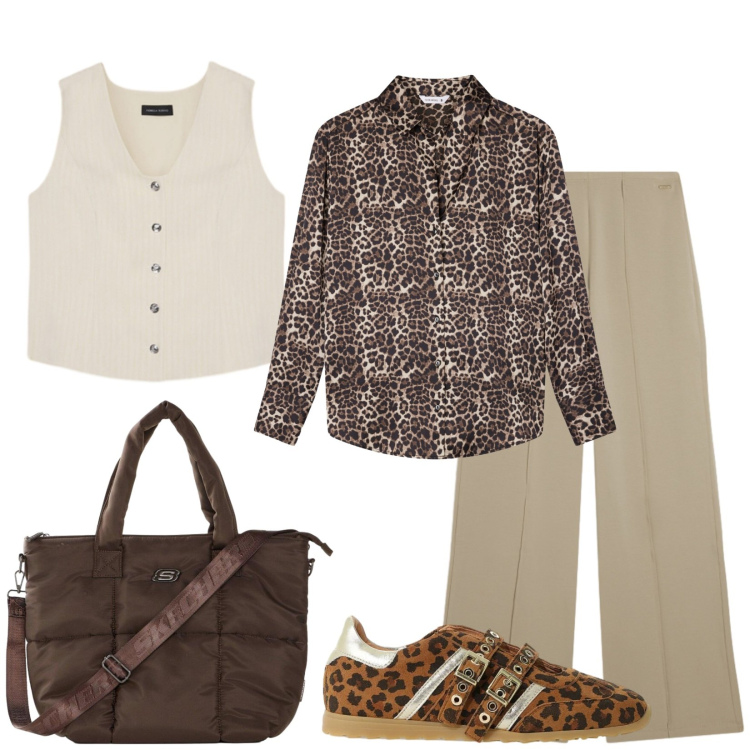 Outfit donna - Total look #2473418. Stile Trendy per Tutti i giorni. Abbinamento con shopping bag, sneakers, camicie, pantaloni, gilet.
