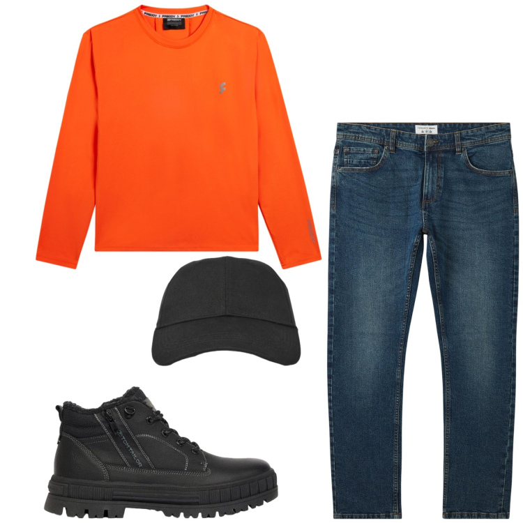 Outfit uomo - Total look #2473421. Stile Trendy per Tutti i giorni. Abbinamento con t-shirt, jeans, cappelli con visiera, stivali e stivaletti.