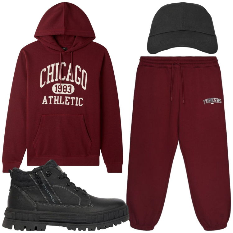 Outfit uomo - Total look #2473425. Stile Urban per Sport. Abbinamento con felpe con cappuccio, pantaloni, cappelli con visiera, stivali e stivaletti.
