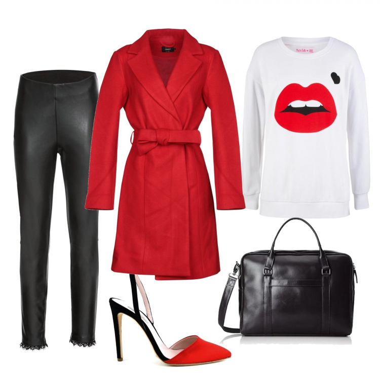 Outfit donna - #Red passion. Stile Rock per Ufficio. Abbinamento con pantaloni a palazzo, leggings con pizzo in pelle sintetica, cappotto, borsa a spalla, sandali, sabot, mules e ciabattine trendy con cinturino in raso.