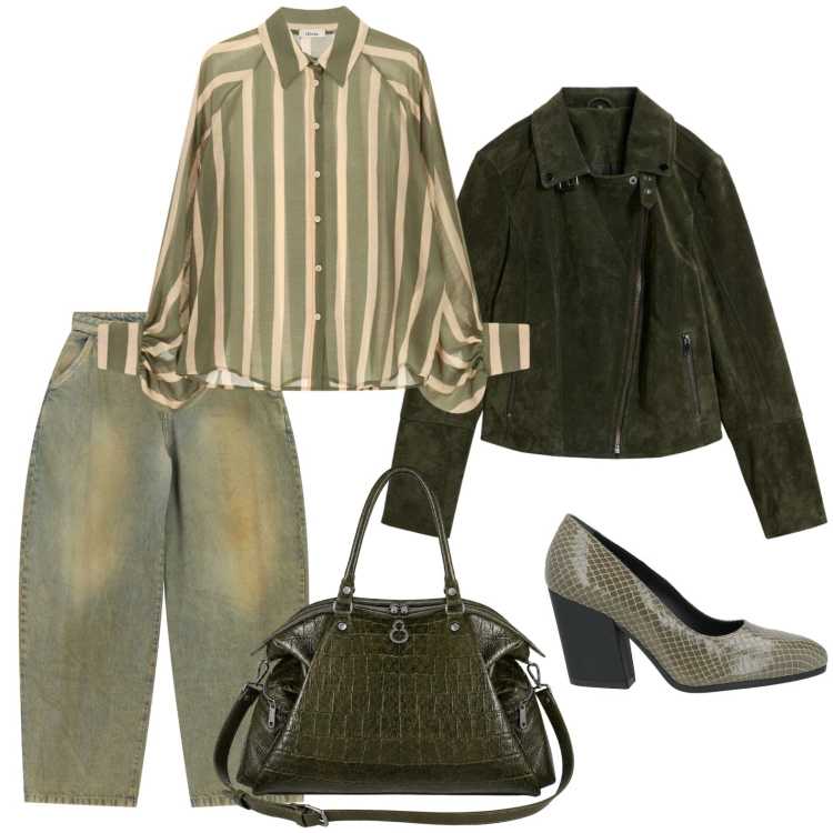 Outfit donna - Un meraviglioso chiodo verde bosco. Stile Casual chic per Ufficio. Abbinamento con décolleté, giacche, jeans, camicie, shopping bag.