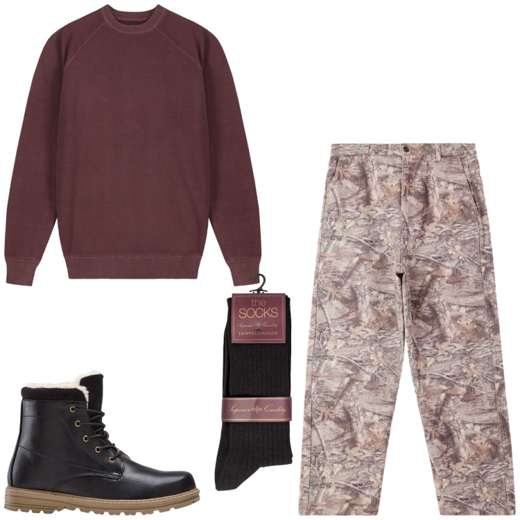 Outfit uomo - Total look #2473434. Stile Trendy per Tutti i giorni. Abbinamento con stivali e stivaletti, maglieria, calzini, pantaloni.