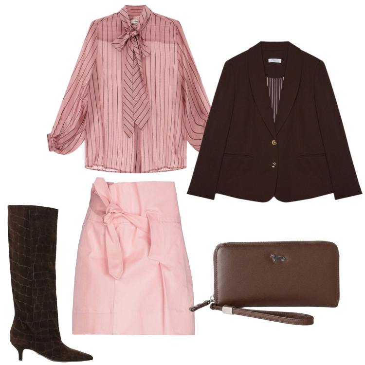 Outfit donna - Una gonna romantica. Stile Glamour per Serata fuori. Abbinamento con minigonne, portafogli, stivali, camicie, blazer.