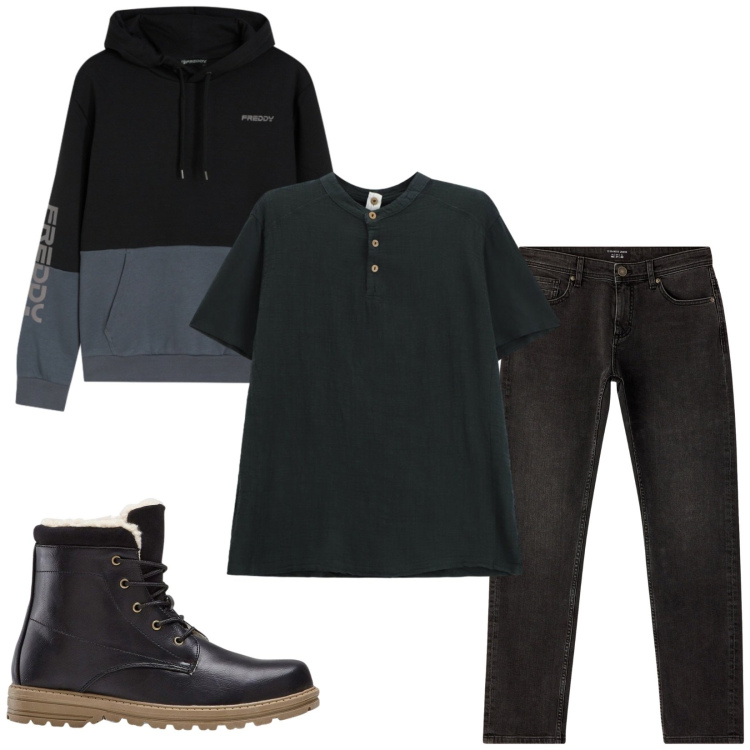 Outfit uomo - Total look #2473438. Stile Urban per Tutti i giorni. Abbinamento con stivali e stivaletti, t-shirt, jeans, felpe con cappuccio.