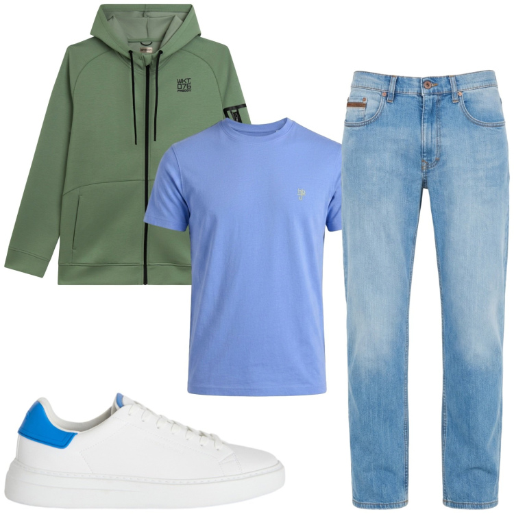 Outfit uomo - Total look #2473439. Stile Trendy per Tutti i giorni. Abbinamento con jeans, sneakers, t-shirt, felpe con cappuccio.