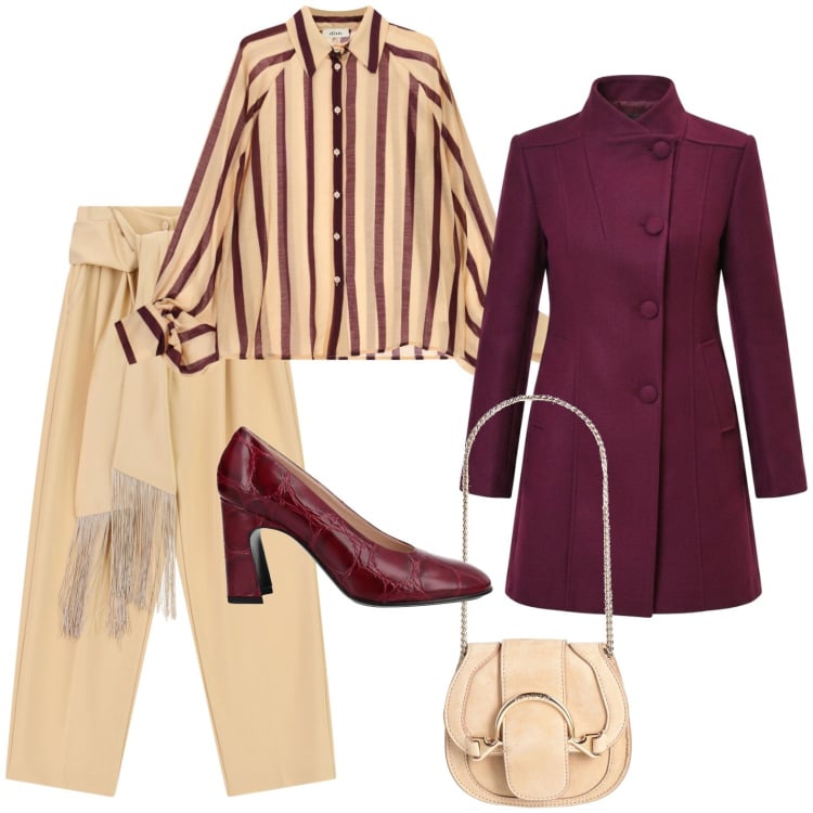Outfit donna - Appuntamento galante. Stile Bon Ton per Serata fuori. Abbinamento con marsupi, décolleté, pantaloni a palazzo, camicie, cappotti.