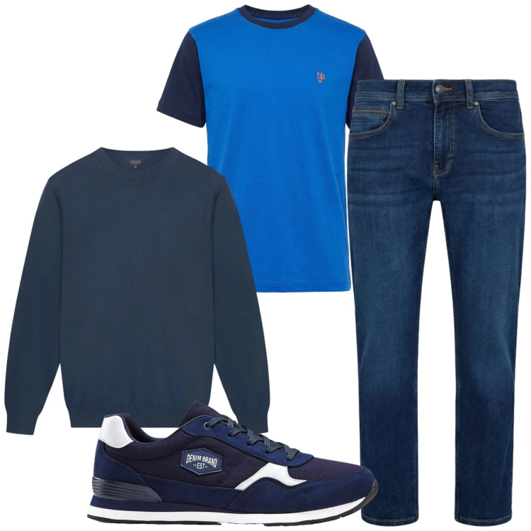 Outfit uomo - Total look #2473443. Stile Casual per Tutti i giorni. Abbinamento con sneakers, jeans dritti, t-shirt, maglieria.
