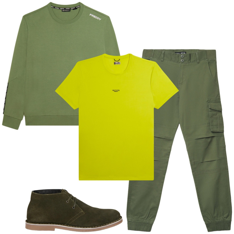 Outfit uomo - Total look #2473444. Stile Trendy per Tutti i giorni. Abbinamento con stivali e stivaletti, felpe, t-shirt, pantaloni cargo.