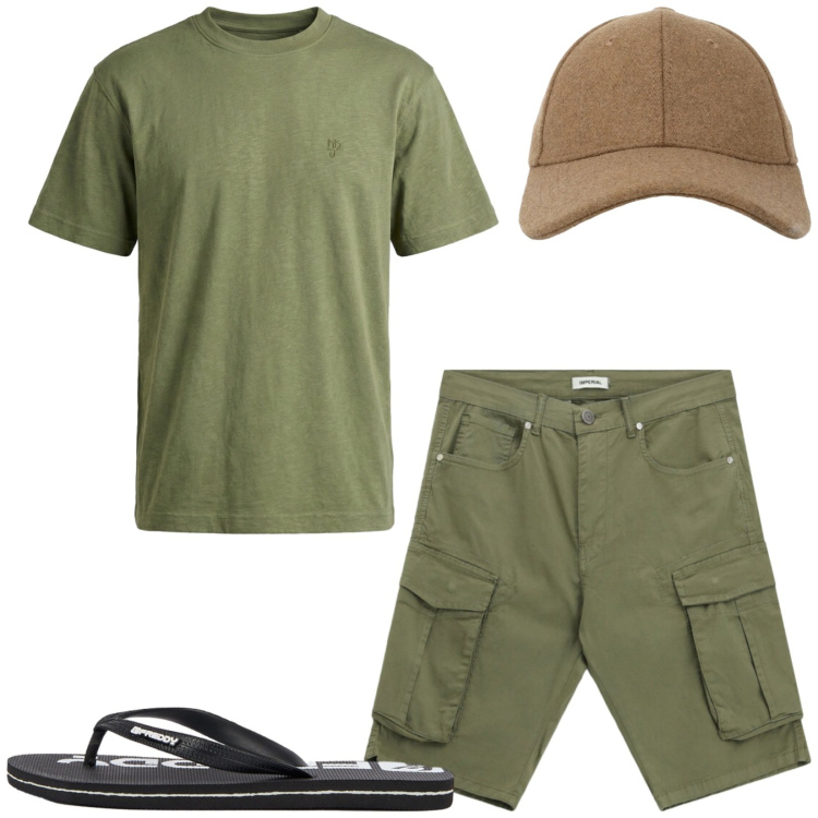 Outfit uomo - Total look #2473445. Stile Casual per Mare. Abbinamento con t-shirt, bermuda, sandali, cappelli con visiera.