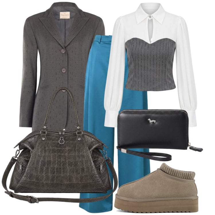 Outfit donna - Settembre. Stile Casual chic per Tutti i giorni. Abbinamento con portafogli, bluse, pantaloni a palazzo, blazer, shopping bag, sabot.