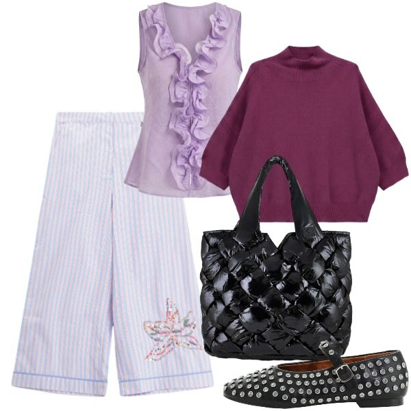 Outfit donna - Ricordi d'estate. Stile Romantica per Mare. Abbinamento con pullovers, camicie a manica corta, ballerine, pantaloni a palazzo, borse tote.