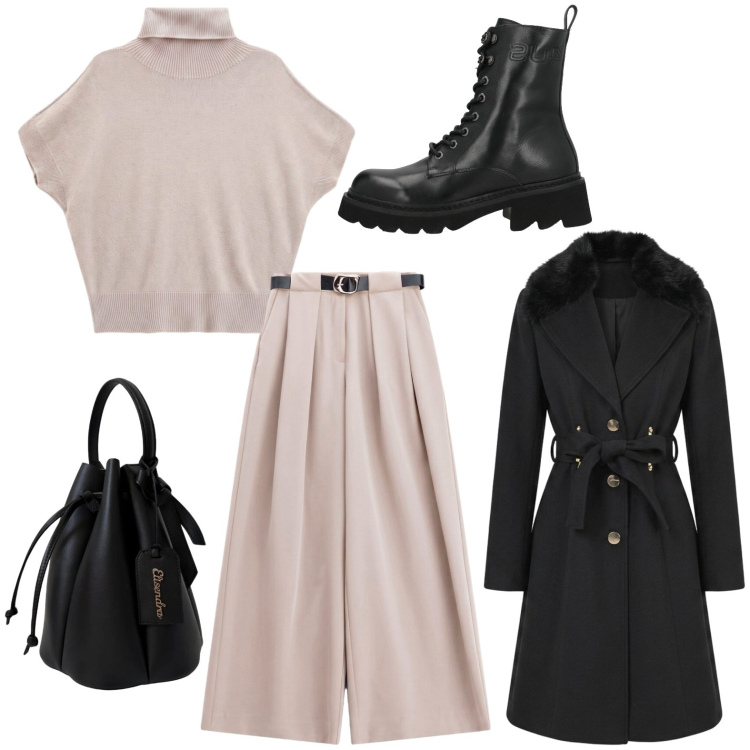 Outfit donna - Freddo in arrivo. Stile Urban per Ufficio. Abbinamento con stivaletti, t-shirt, pantaloni a palazzo, cappotti, borse a secchiello.