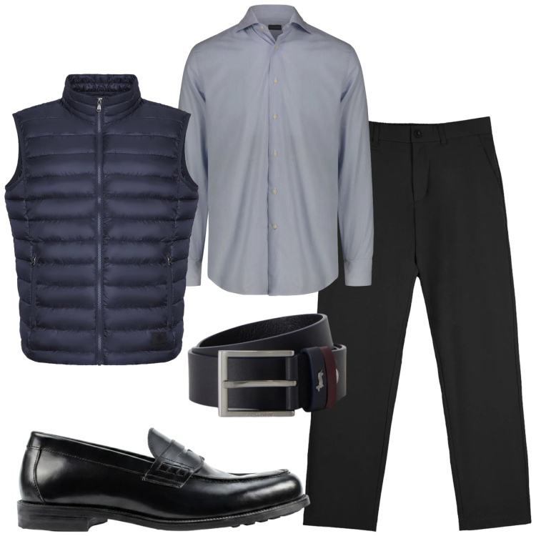 Outfit uomo - Total look #2473450. Stile Trendy per Ufficio. Abbinamento con cinture, camicie, scarpe stringate, pantaloni chino, piumini.