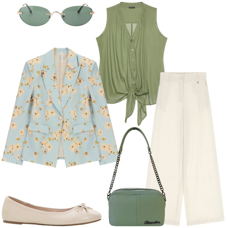 Outfit donna - Total look #2473453. Stile Casual chic per Ufficio. Abbinamento con ballerine, blazer, pantaloni a palazzo, occhiali da sole, top, borse a tracolla.