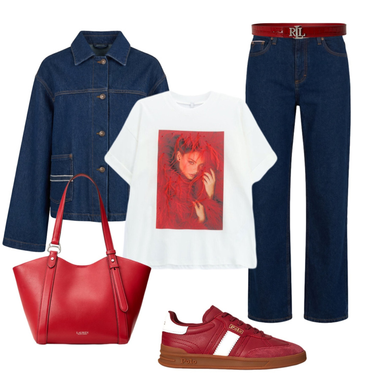 Outfit donna - Denim e dettagli rossi. Stile Glamour per Tutti i giorni. Abbinamento con jeans, cappotti, t-shirt, sneakers, cinture, borse tote.
