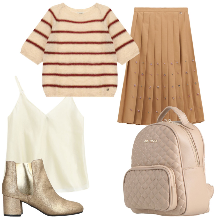 Outfit donna - Yara. Stile Casual chic per Tutti i giorni. Abbinamento con stivaletti chelsea, zaini, top, maglieria, gonne longuette.