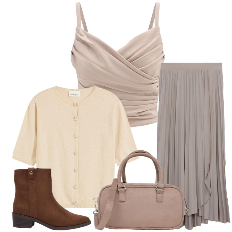 Outfit donna - Flavia. Stile Casual chic per Tutti i giorni. Abbinamento con cardigans, stivaletti, gonne lunghe, borse a tracolla, canottiere.