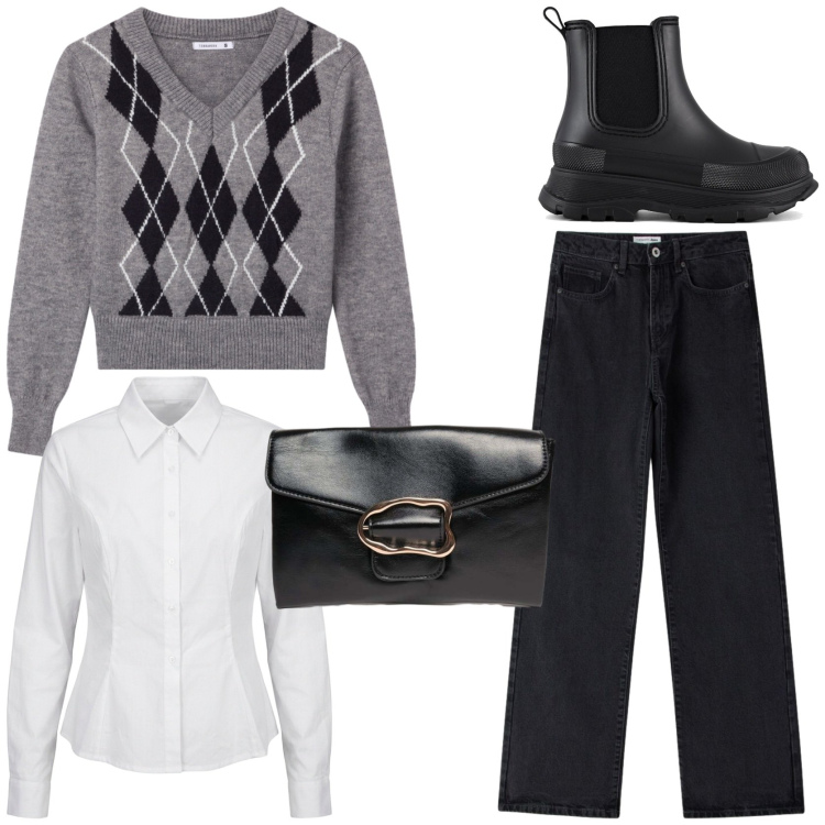 Outfit donna - Look semplice e d\'effetto. Stile Basic per Tutti i giorni. Abbinamento con pullovers, jeans dritti, camicie, clutch, stivali.