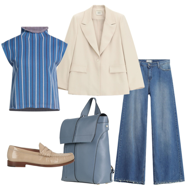 Outfit donna - Mocassini in naplak. Stile Sporty chic per Ufficio. Abbinamento con zaini, t-shirt, mocassini, jeans dritti, blazer.