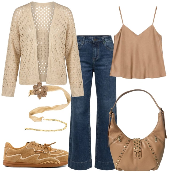 Outfit donna - Total look #2473468. Stile Casual chic per Ufficio. Abbinamento con top, borse a spalla, jeans a zampa, cardigans, cinture, sneakers.