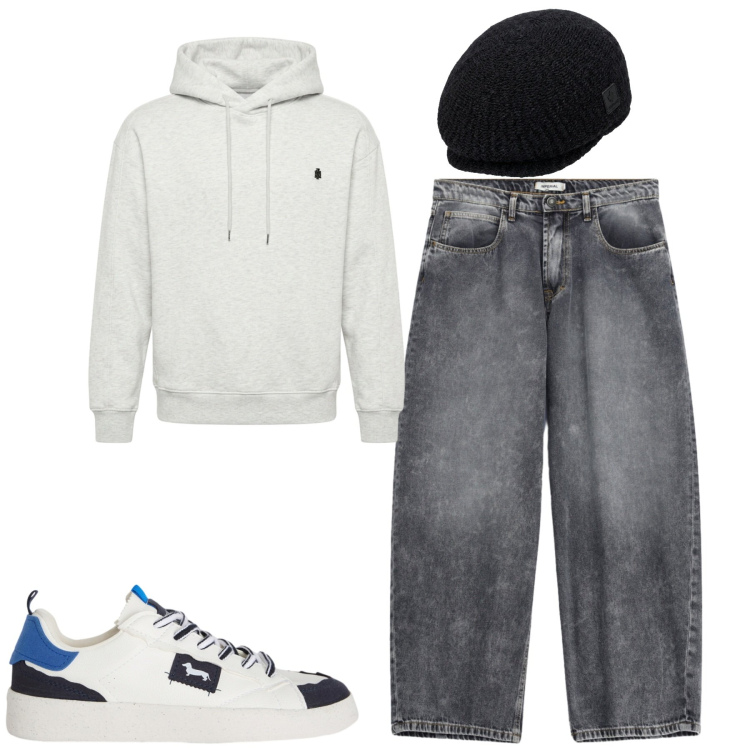 Outfit uomo - City. Stile Casual per Tutti i giorni. Abbinamento con sneakers, jeans, felpe con cappuccio, cappelli e berretti.