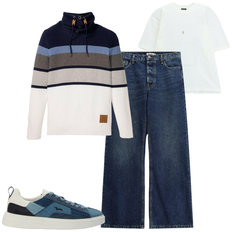 Outfit uomo - City. Stile Casual per Tutti i giorni. Abbinamento con sneakers, t-shirt, jeans, maglieria.