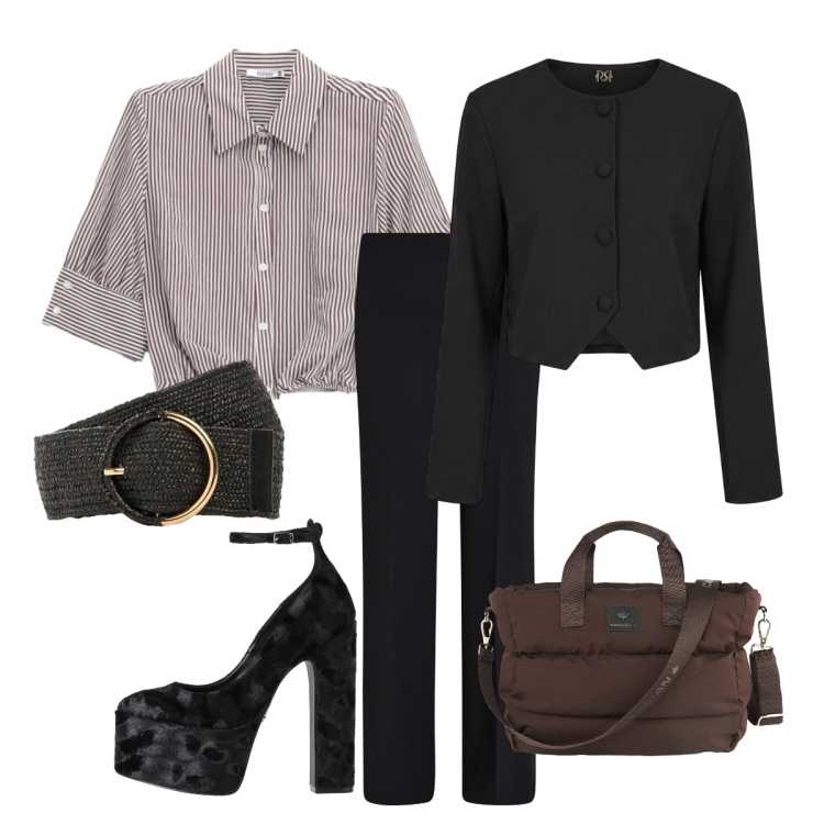 Outfit donna - Niente è lasciato al caso. Stile Mannish per Serata fuori. Abbinamento con décolleté, cinture, camicie a manica corta, pantaloni a palazzo, blazer, borse tote.