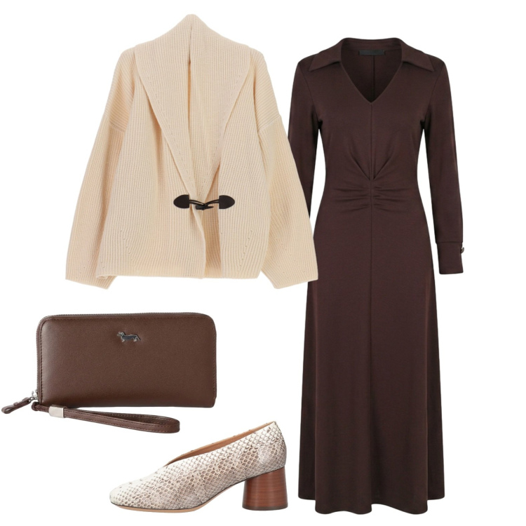 Outfit donna - Il té delle cinque con le amiche. Stile Bon Ton per Tutti i giorni. Abbinamento con décolleté, portafogli, cardigans, vestiti midi/longuette.