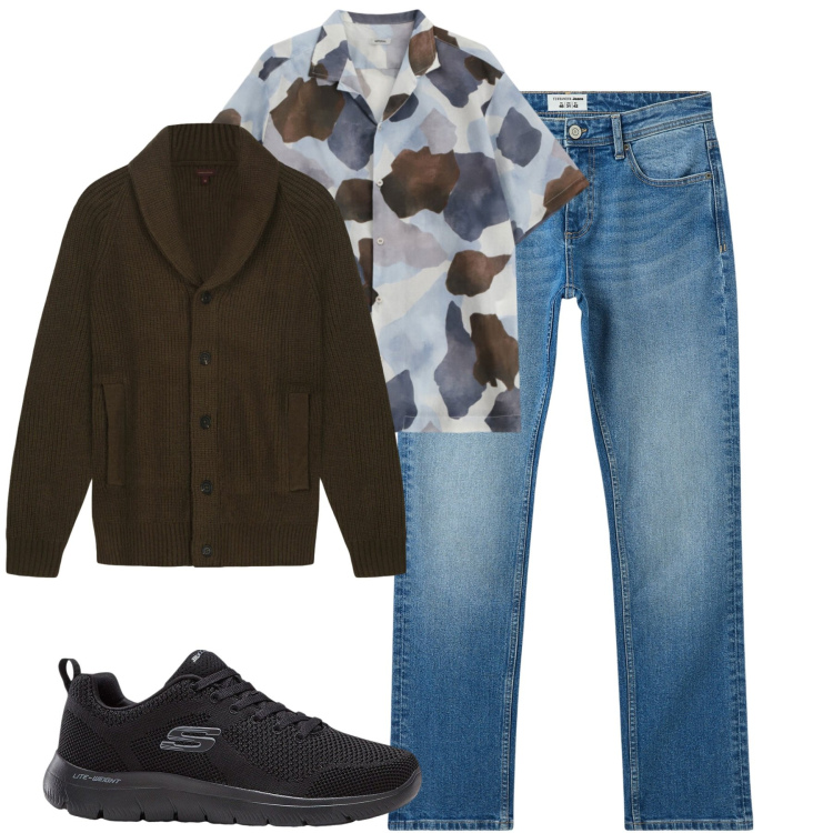 Outfit uomo - City. Stile Casual per Tutti i giorni. Abbinamento con sneakers, camicie a manica corta, cardigans, jeans.