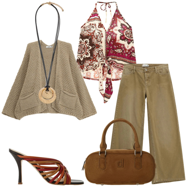 Outfit donna - Total look #2473485. Stile Casual chic per Tutti i giorni. Abbinamento con pantaloni a palazzo, cardigans, borse a mano, top, sandali col tacco, ciondoli.