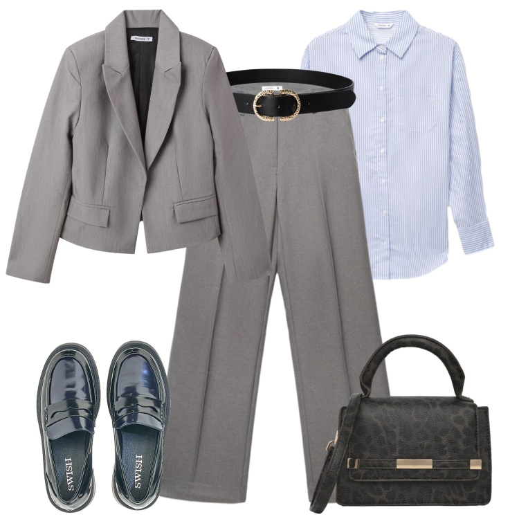 Outfit donna - Curvy back to office. Stile Mannish per Ufficio. Abbinamento con pantaloni, blazer, camicie, borse a tracolla, cinture, mocassini.