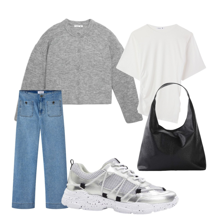 Outfit donna - Back to office. Stile Basic per Ufficio. Abbinamento con sneakers, shopping bag, cardigans, jeans, t-shirt.