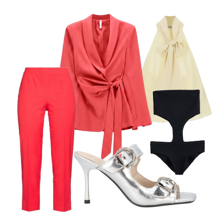 Outfit donna - Invitata al compleanno di sera 2. Stile Mannish per Cerimonia. Abbinamento con pantaloni, body, sandali in pelle, blazer, top.