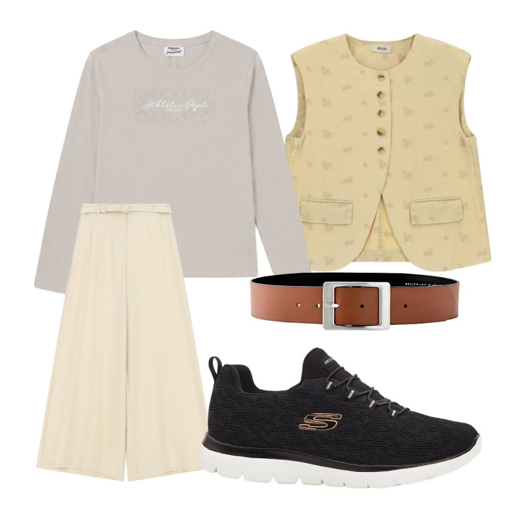 Outfit donna - Settembre. Stile Mannish per Ufficio. Abbinamento con sneakers, cinture, t-shirt, pantaloni a palazzo, gilet.