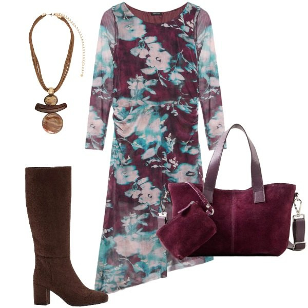 Outfit donna - Fioriture delicate. Stile Chic per Ufficio. Abbinamento con stivali, borse a mano, ciondoli, vestiti lunghi.