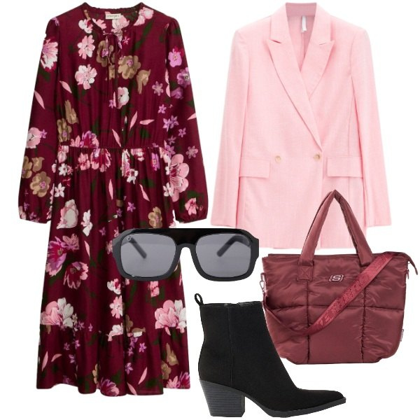 Outfit donna - Settembre. Stile Urban per Tutti i giorni. Abbinamento con stivaletti texani, shopping bag, vestiti chemisier, occhiali da sole, blazer.