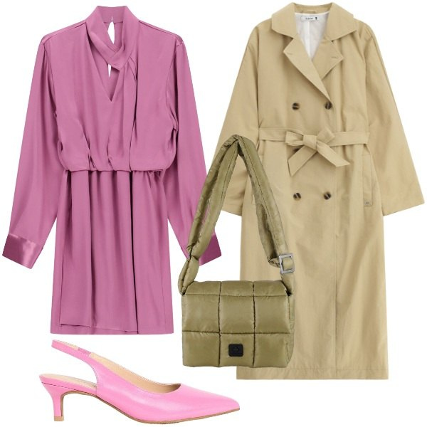 Outfit donna - Settembre. Stile Chic per Ufficio. Abbinamento con décolleté, trench, vestiti asimmetrici, borse a spalla.